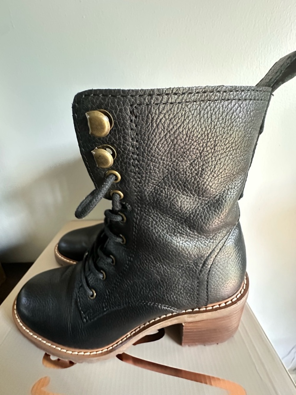 Crown Vintage Black Leather Lace-Up Block Heel Boots with Brown Sole